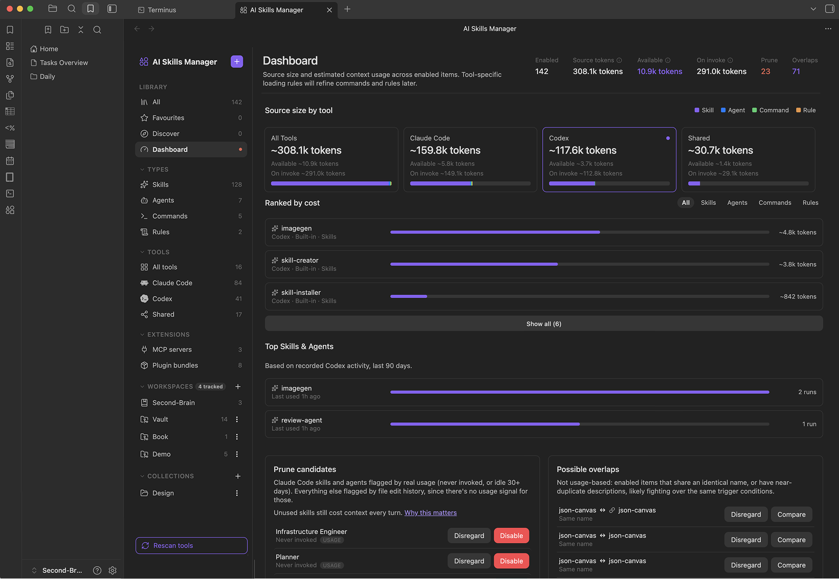 Dashboard tab showing cost by tool, ranked items, prune candidates, and possible overlaps