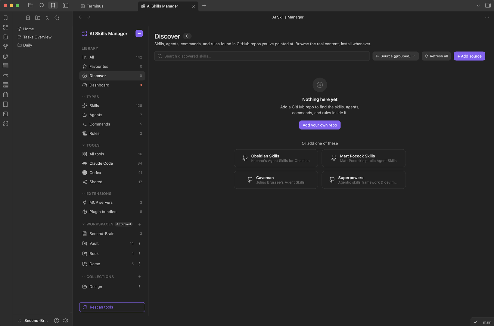 Discover tab, empty state with suggested starter repos
