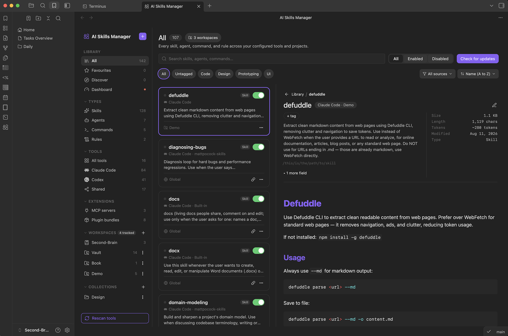 Detail panel previewing a skill's full rendered content alongside its metadata