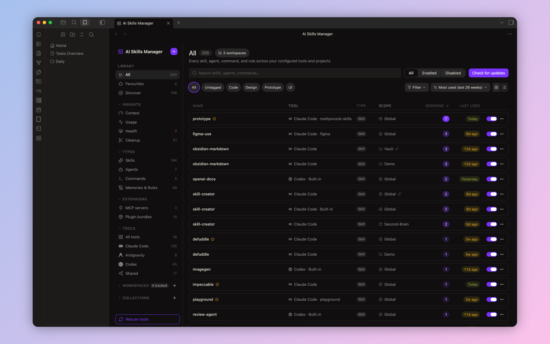 Library in list view, with tool, type, scope, sessions, and last used columns