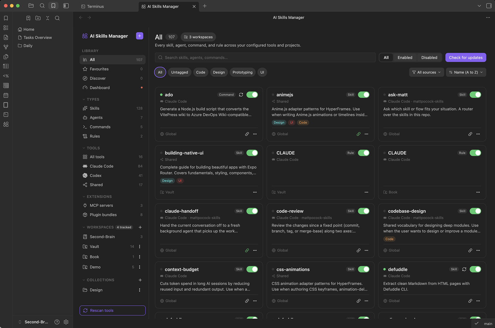 Library view listing skills, agents, commands, and rules across tools
