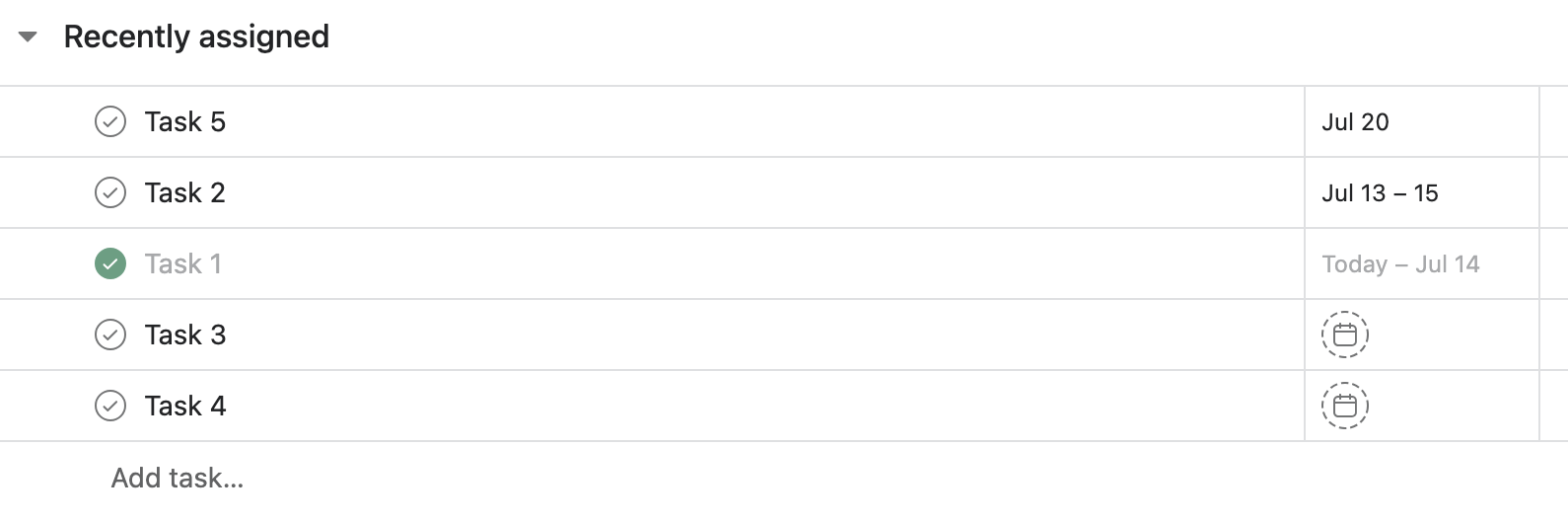 Asana task list after — the new task created from Obsidian now appears