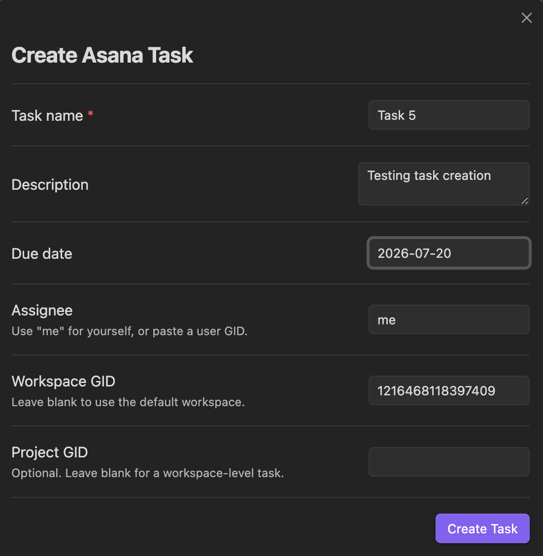 Create Asana Task modal filled out with a name, description, due date, and workspace GID