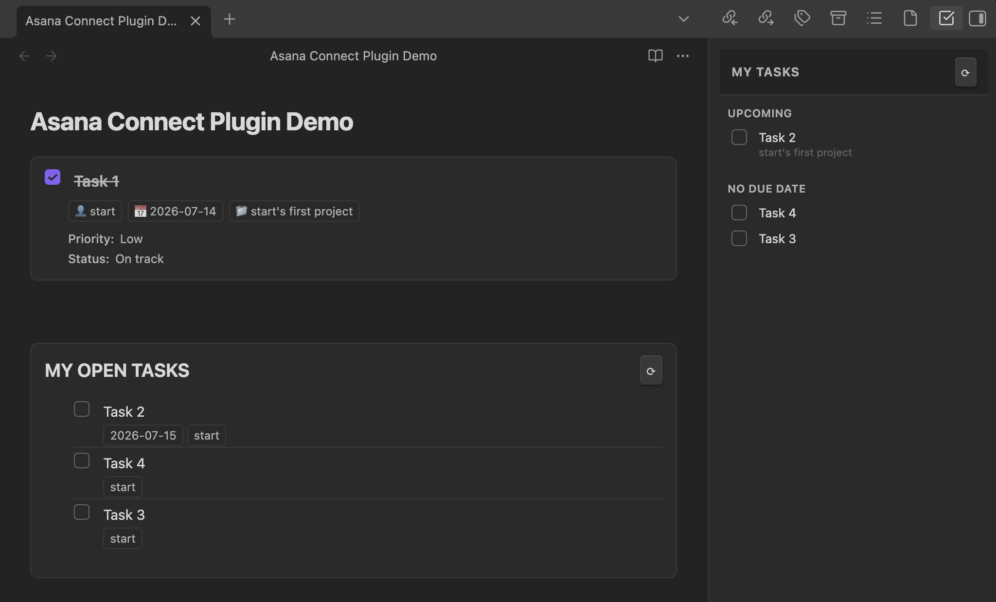 Asana Connect overview — task embed, task list block, and My Tasks sidebar in one note