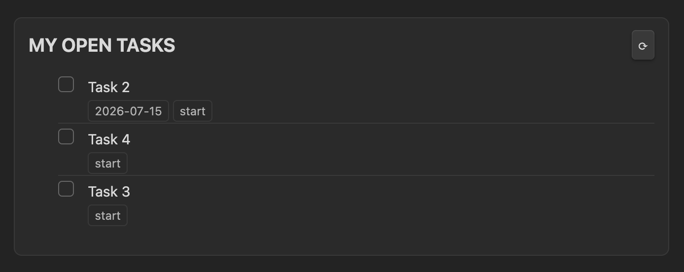 Task list block with a custom title, showing open tasks with due dates and assignees