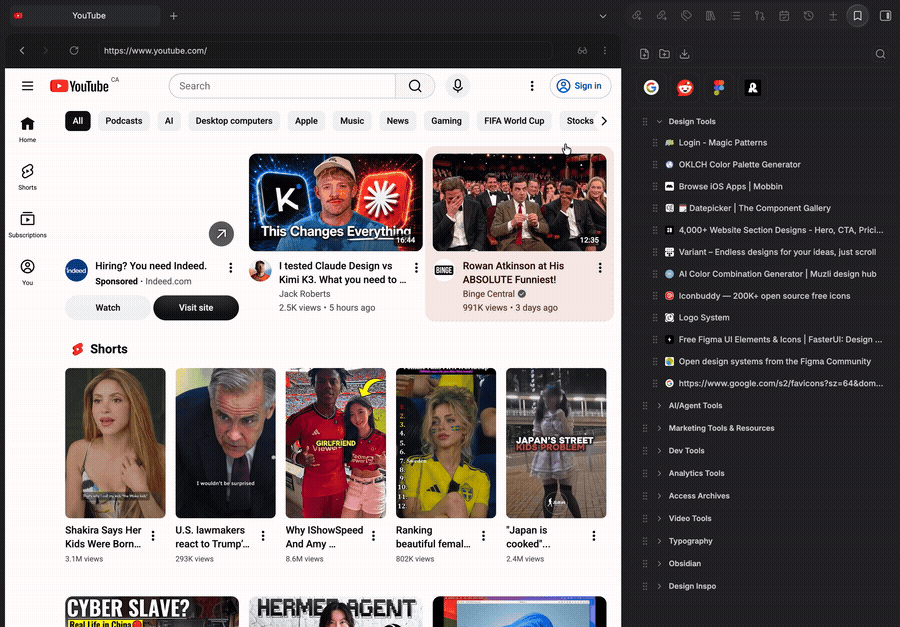 Browser Bookmark sidebar: pinned row, folder tree, and a bookmark open in the Web Viewer