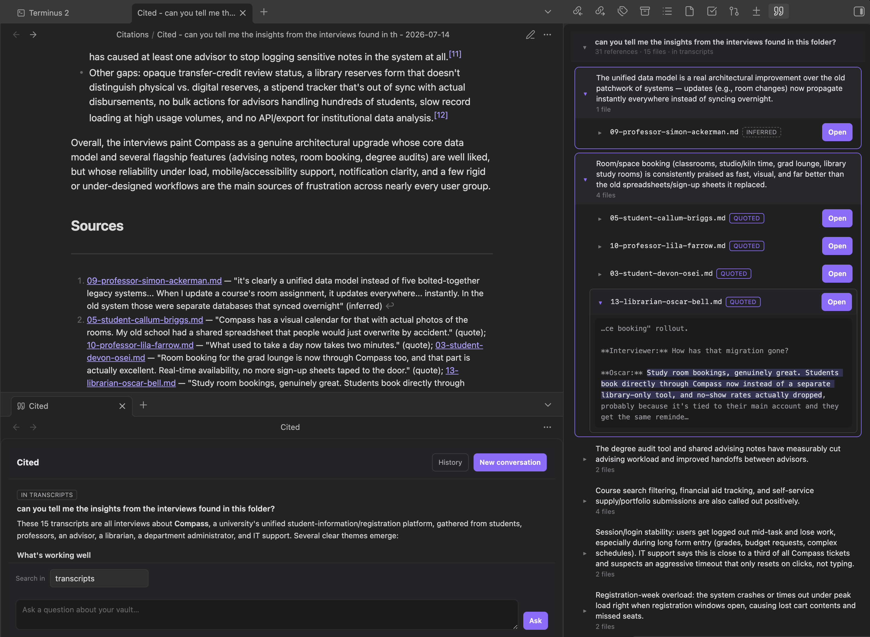Exported note and citations panel