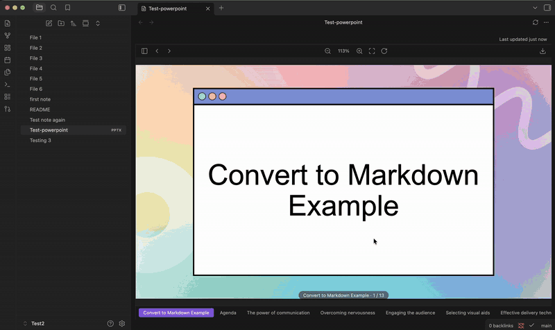 A PowerPoint being converted to Markdown in Obsidian: the deck is picked from a
list, and the resulting note has the slide titles as headings, the bullets as
lists, the slide table as a Markdown table, and the deck's images embedded
alongside them.