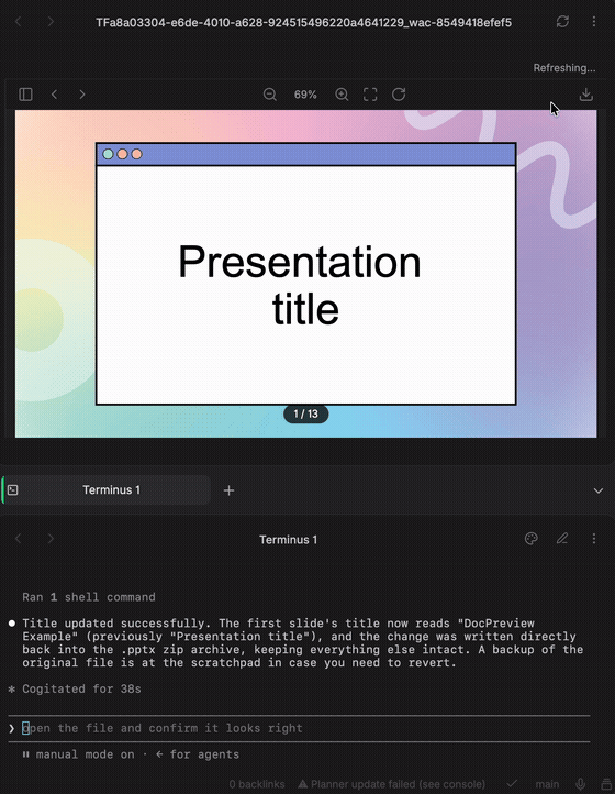 Claude Code CLI edits a slide's title directly in the pptx file; the Doc Preview panel auto-refreshes and jumps to the updated slide