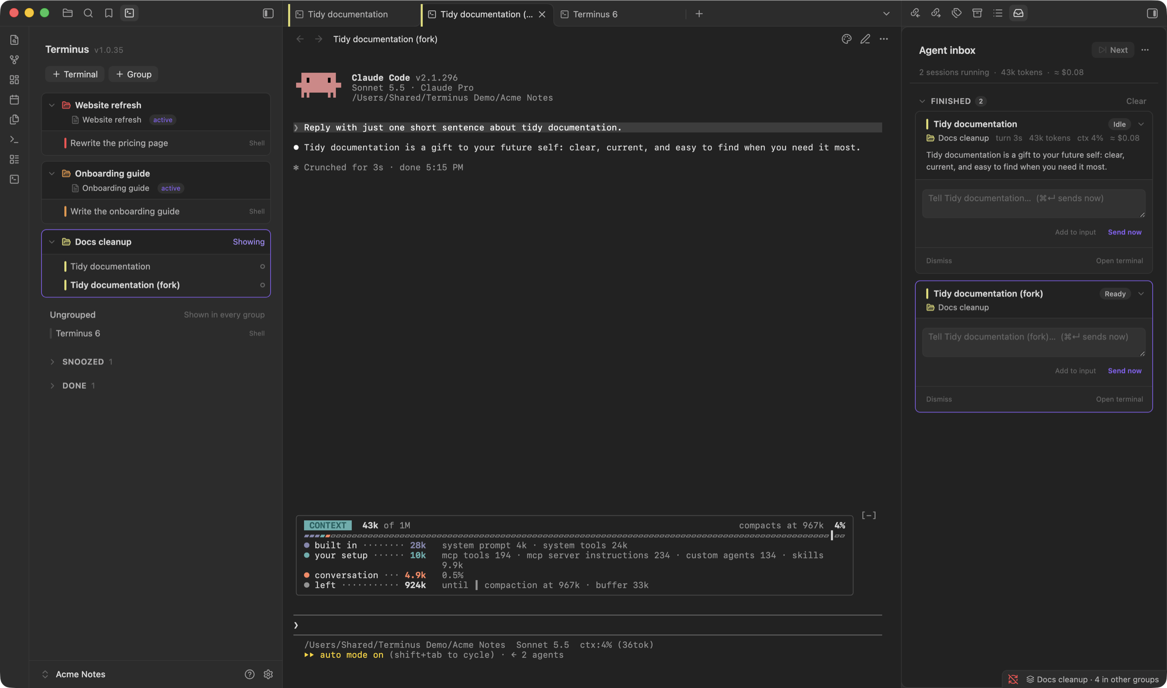 A Claude session forked into a second terminal in the same group