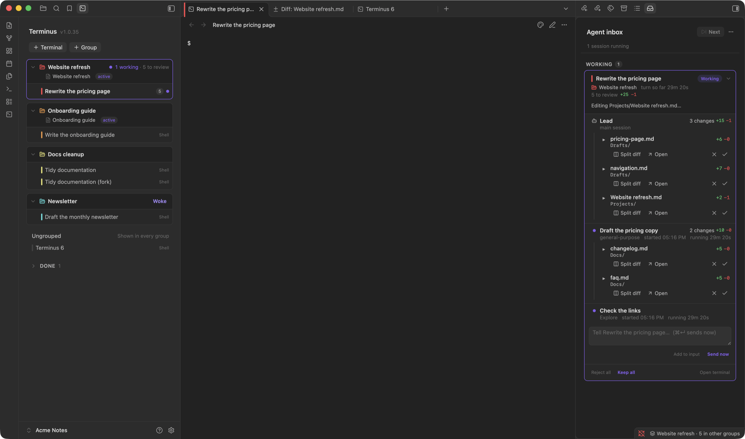 Terminus with groups on the left and the Agent inbox on the right