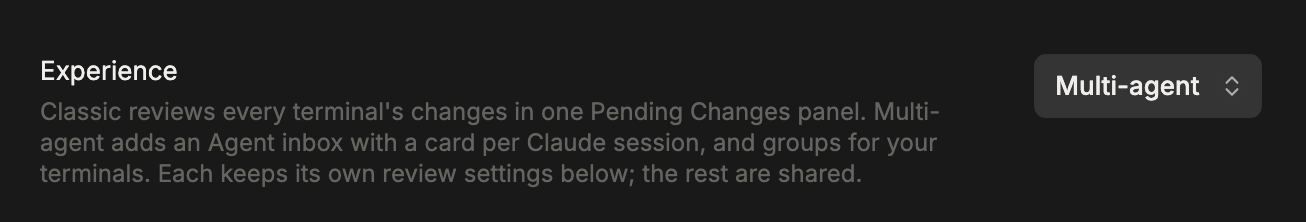 The Experience setting in Settings → Terminus, set to Multi-agent