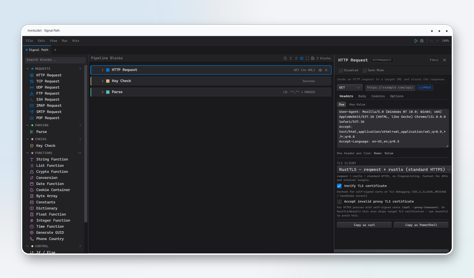 Ironbullet Signal Path pipeline with HTTP, parsing, and key-check blocks