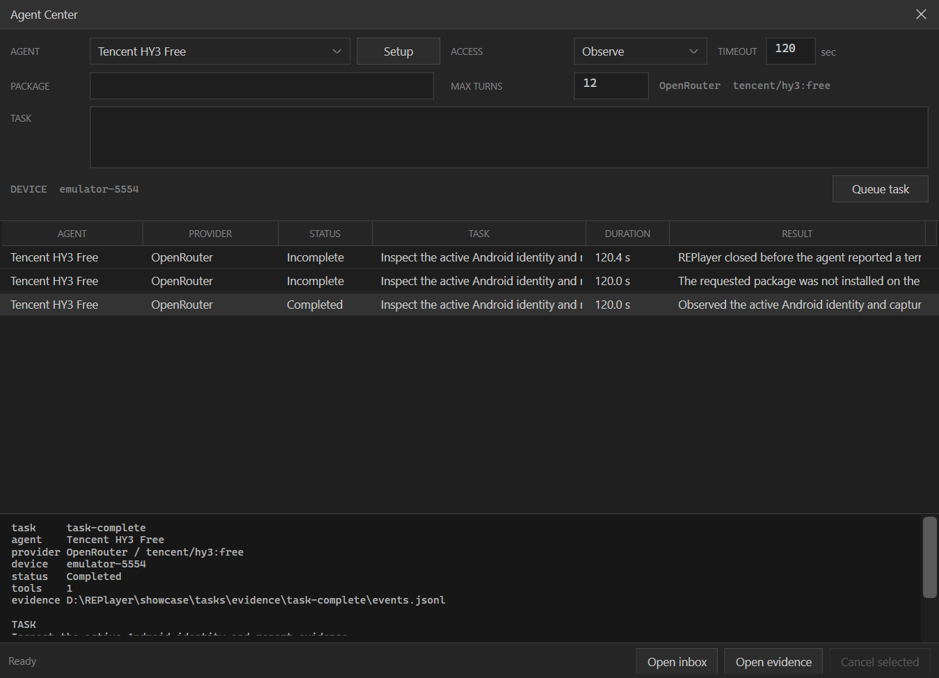 REPlayer Agent Center running Android automation tasks