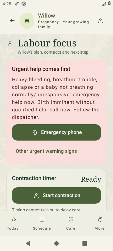 SproutBook 3.6 Labour focus with urgent-help guidance and native contraction controls