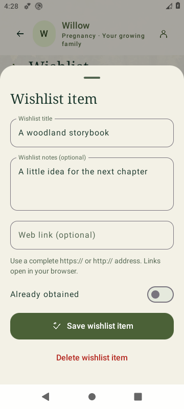 SproutBook 3.6 child wishlist editor with a sample woodland storybook idea