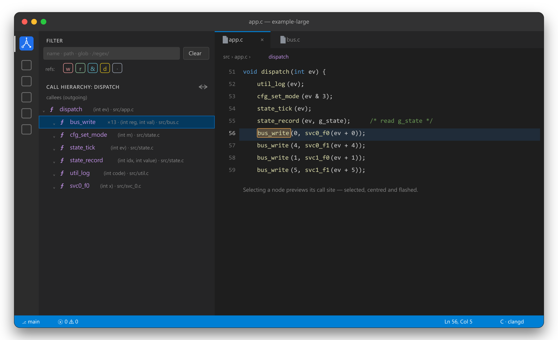C Call Hierarchy & References — toggle callers/callees, parameter signatures, and a previewed call site