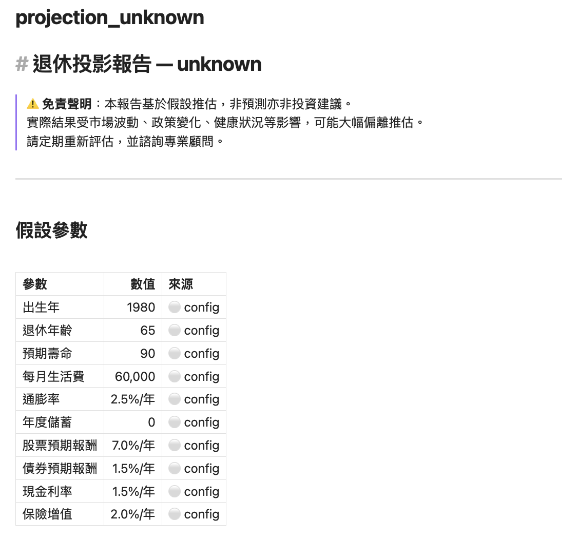 退休投影 — 假設參數