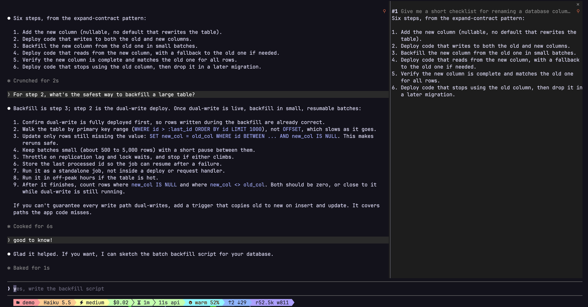 A checklist reply pinned in the side pane while the chat moves on to a follow-up question
