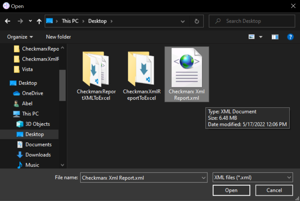 Select the Checkmarx report in XML format