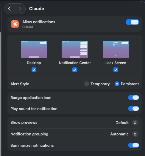Claude notification permissions in macOS System Settings
