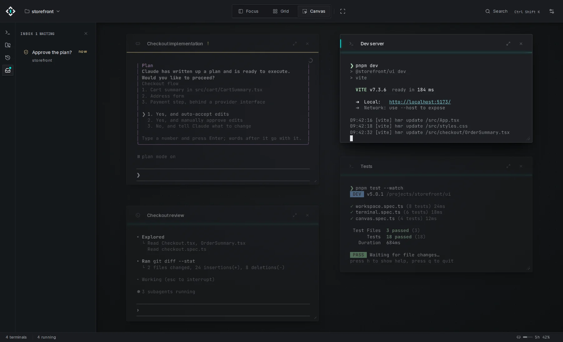 Canvas view: the same four terminals arranged freely on one board.