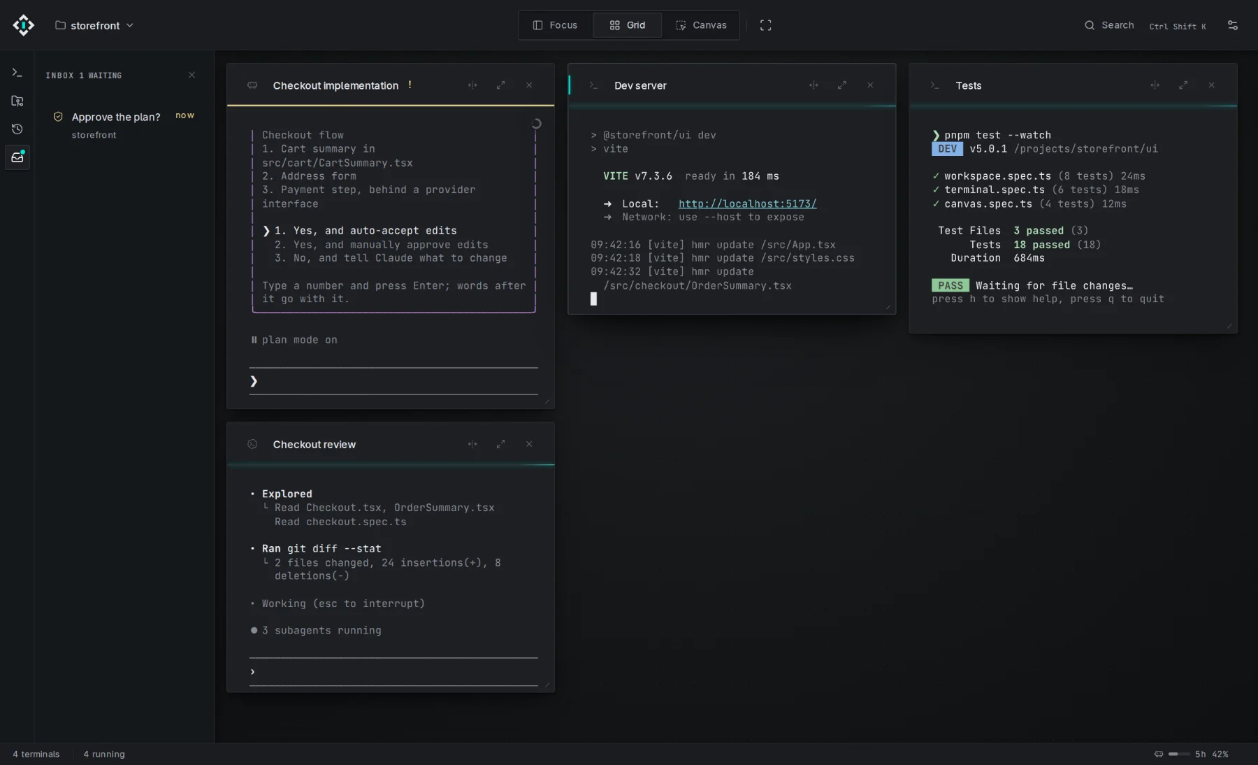 Grid view: Claude Code, Codex, a dev server and tests side by side, with the Inbox open.