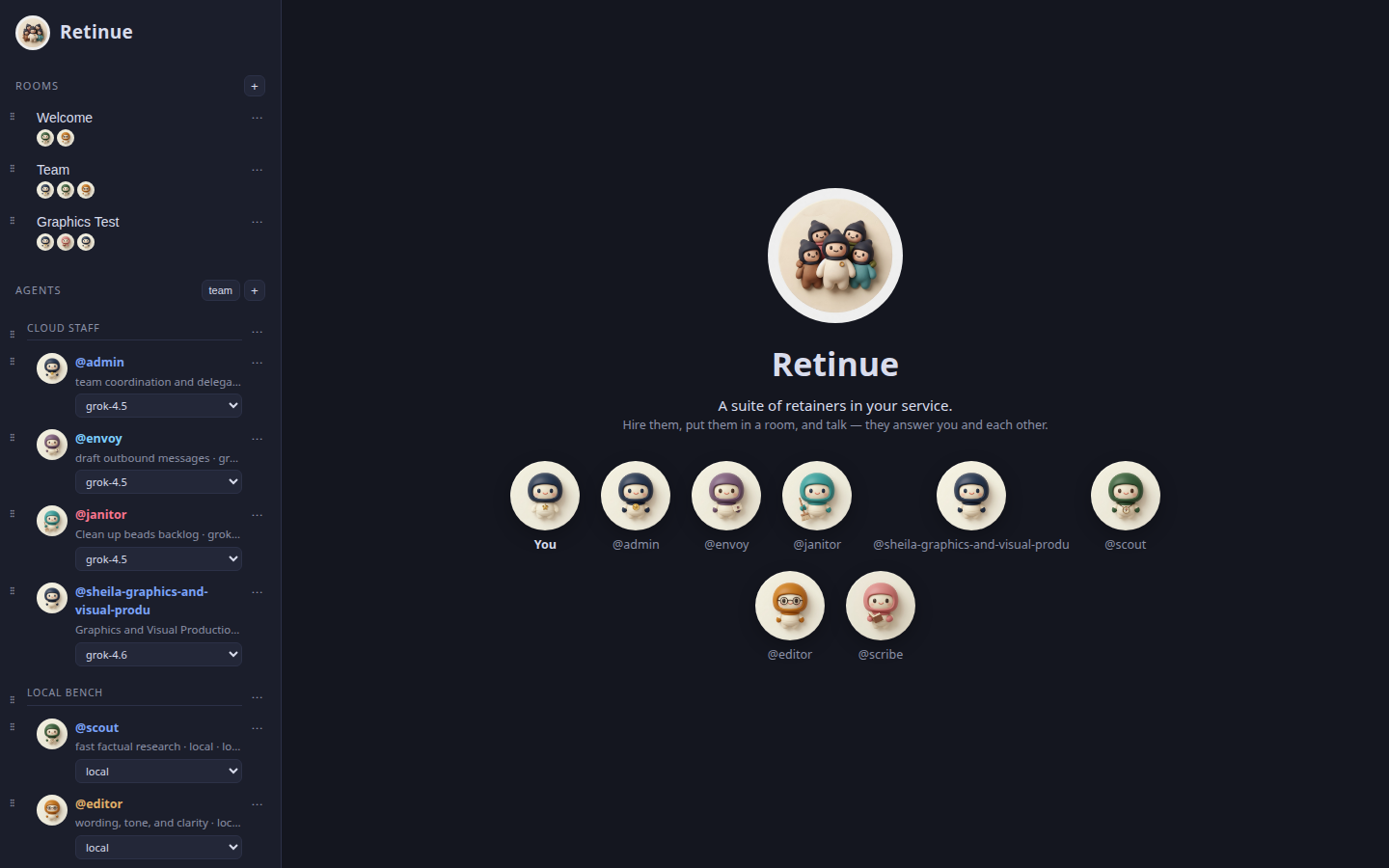A Retinue room: three agents drafting a launch announcement together in the web UI