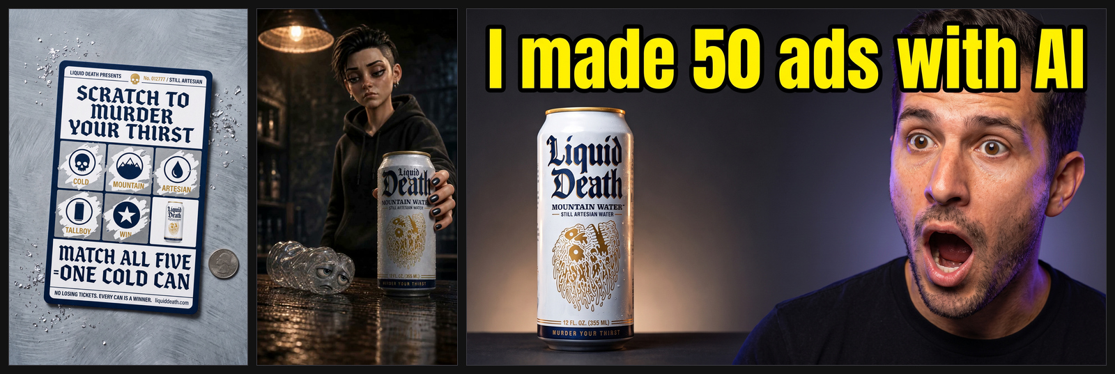 Real output: a scratch-ticket ad, a Pixar-style ad frame, and a YouTube thumbnail, all generated by this pack