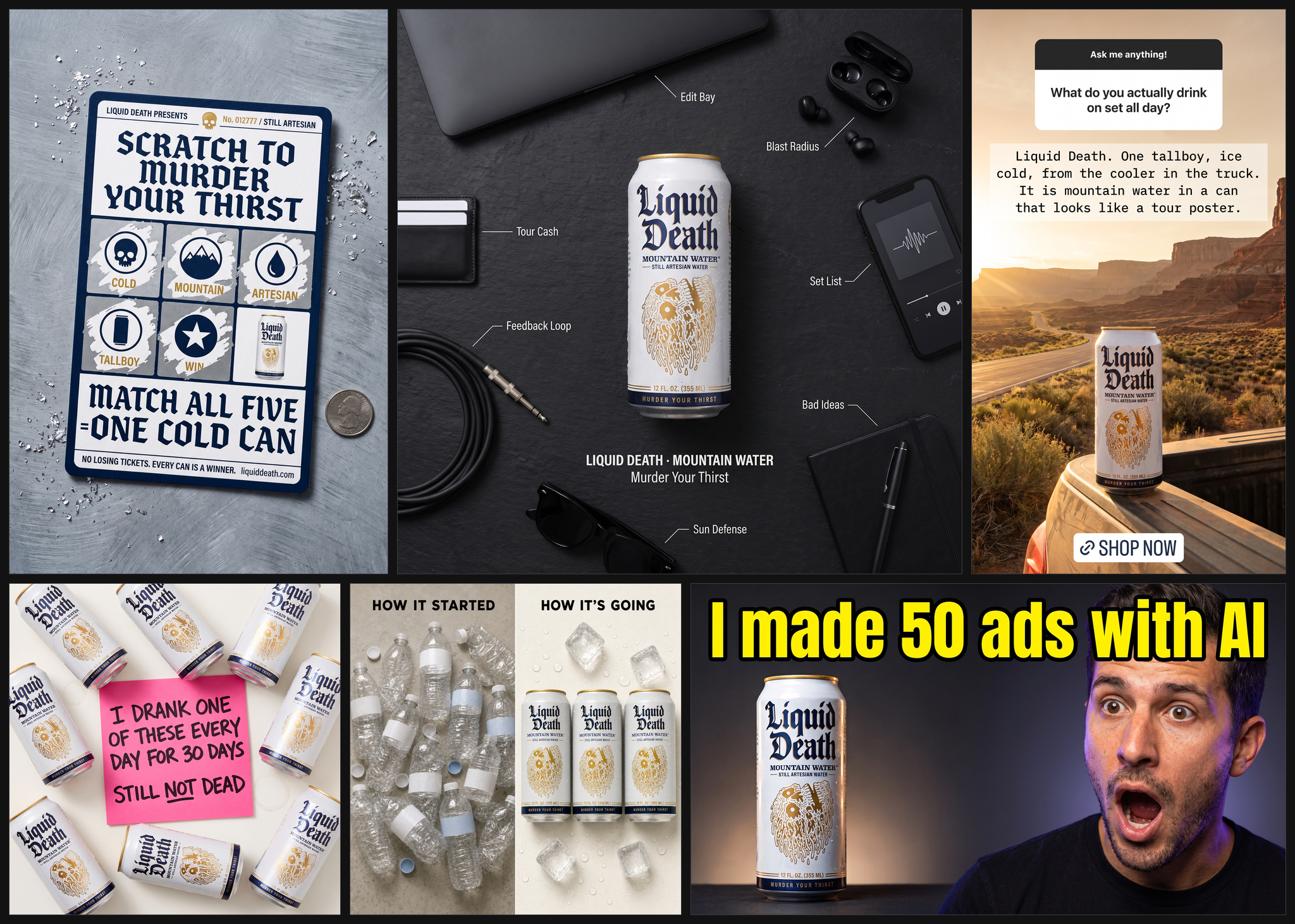 Five static ads from the 40-template library plus a YouTube thumbnail, on one contact sheet