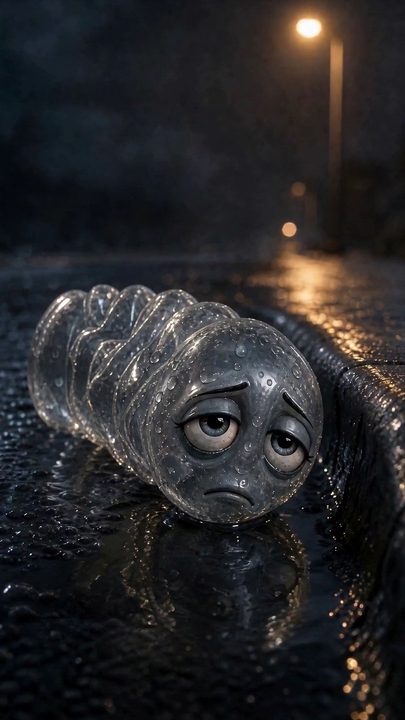 Poster frame: a crumpled plastic bottle with sad eyes lying in a wet gutter under a street lamp