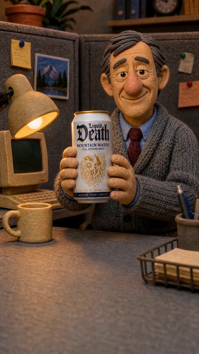 Poster frame: a clay office worker at his cubicle desk, holding the can up to camera