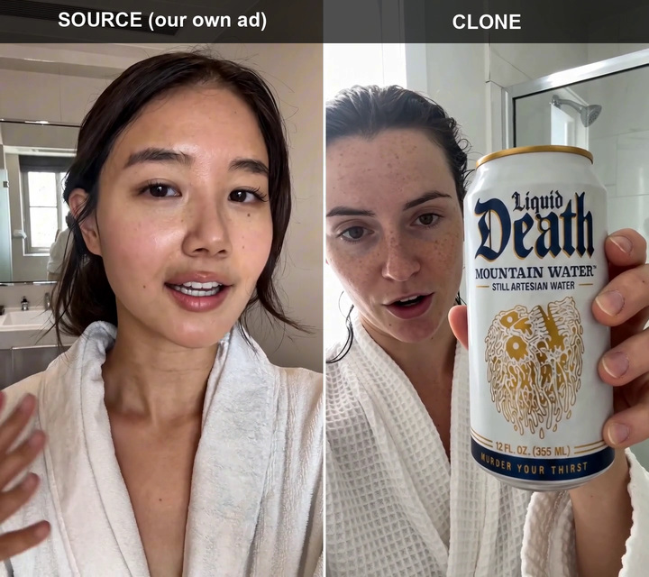 Poster frame: the source ad on the left, the clone on the right, both mid-line