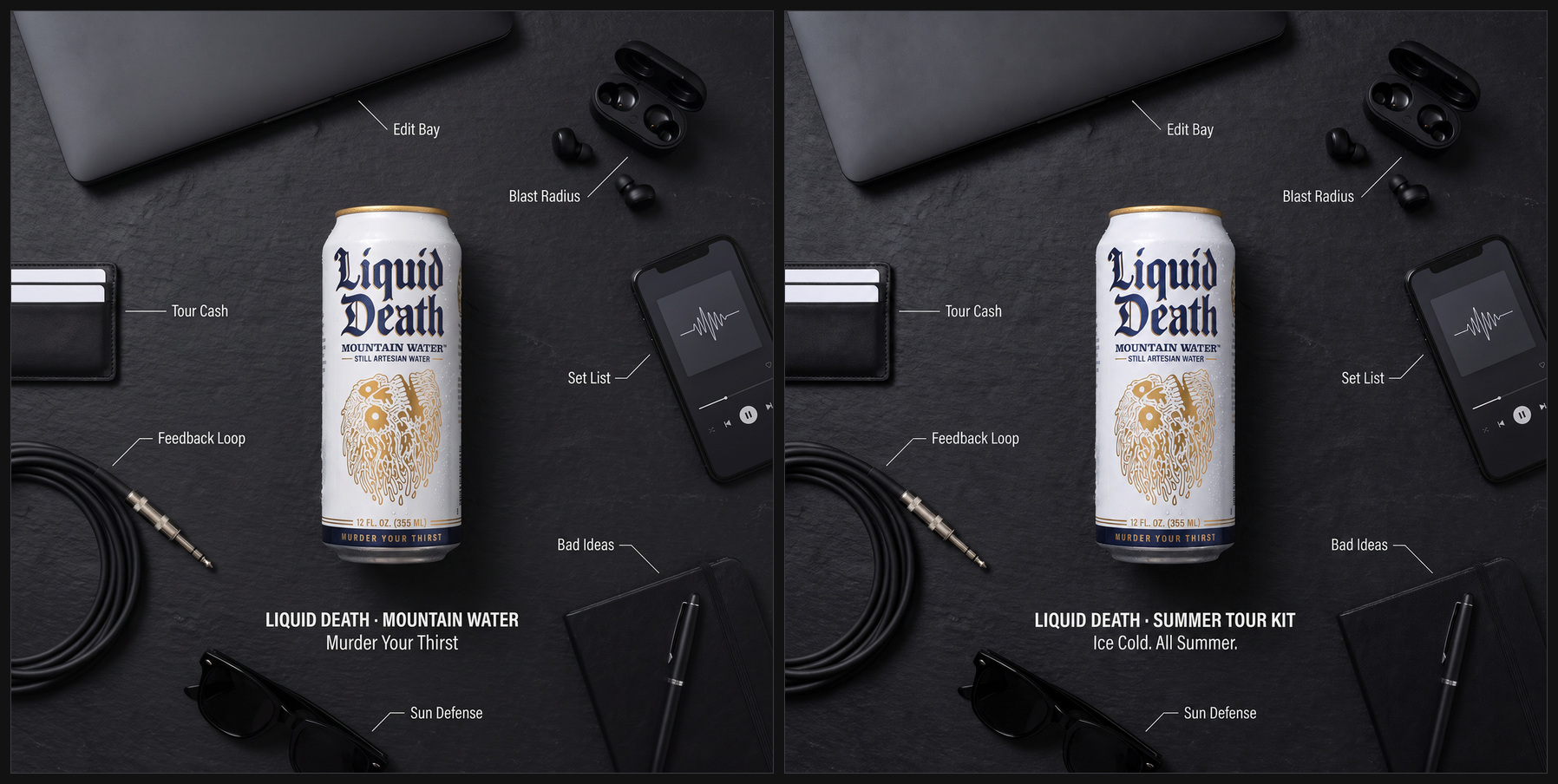 The same desk-kit ad twice: the original on the left, and the same ad with a new headline on the right