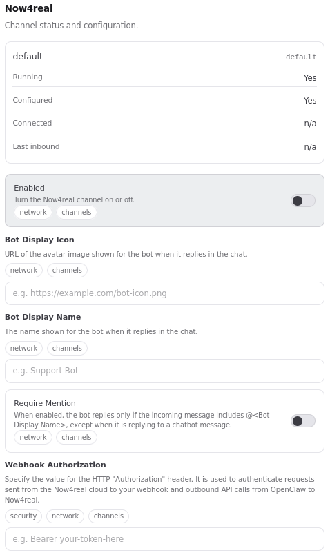 Now4real channel panel in OpenClaw