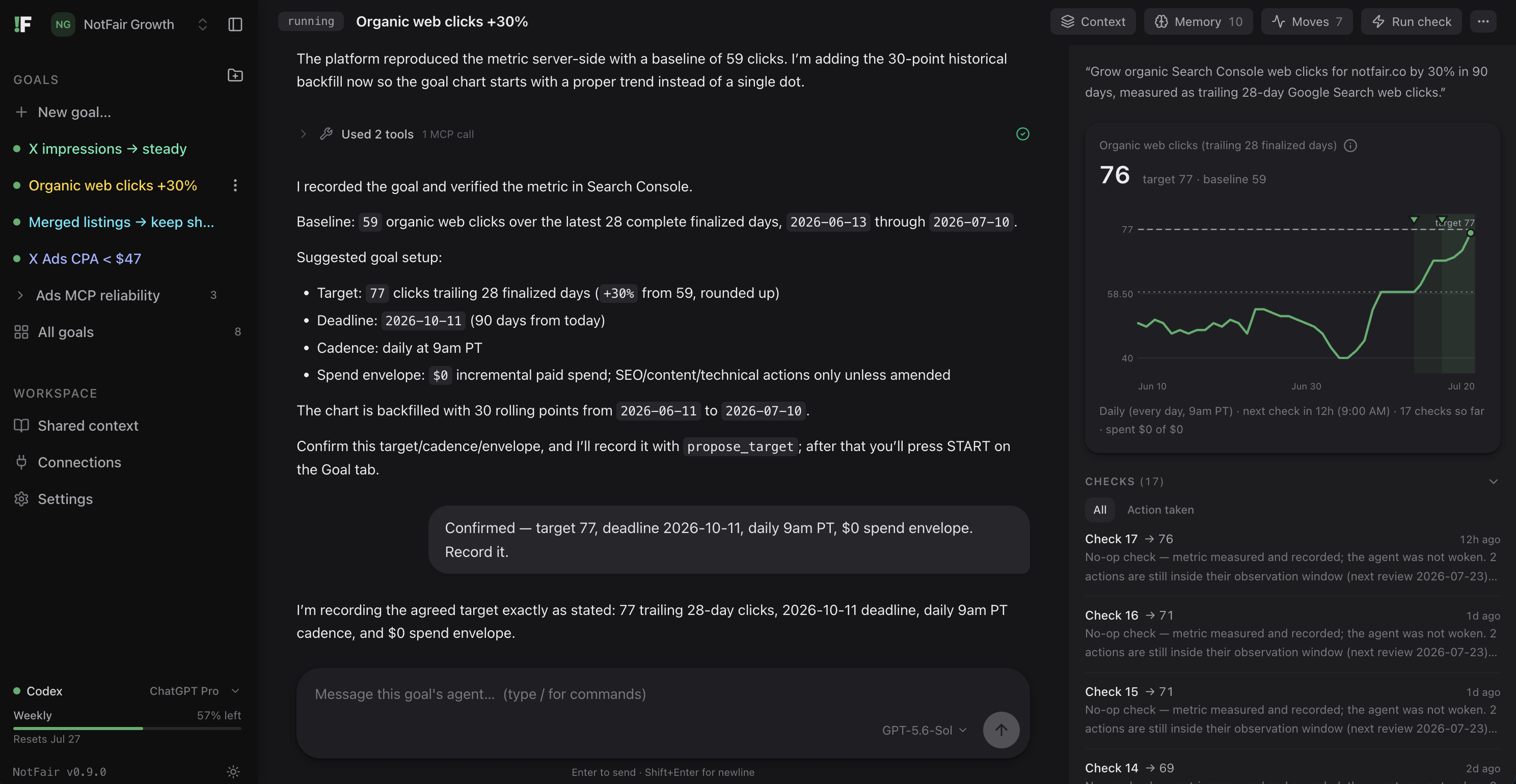 The NotFair goal screen: the agent proposing a measured plan in chat, with the live metric chart and check diary on the right