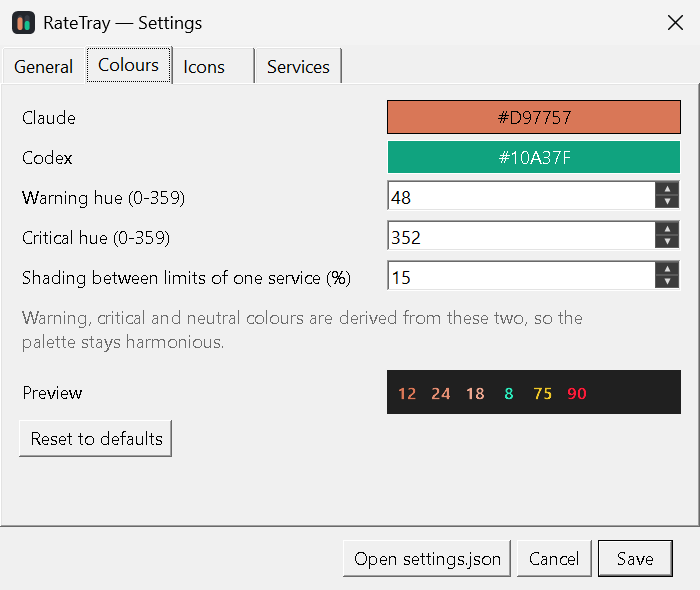 Settings, colours tab