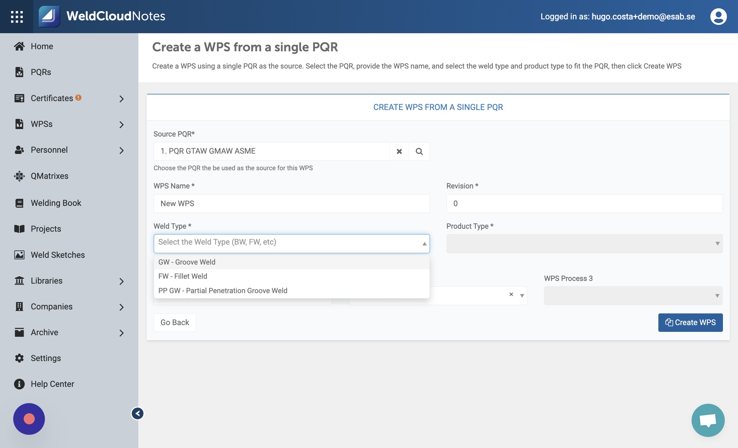 Click the "Weld Type" field and select the desired option from the dropdown list