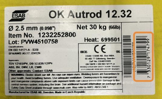 EAN barcode is available on ESAB label applied on the filler material package