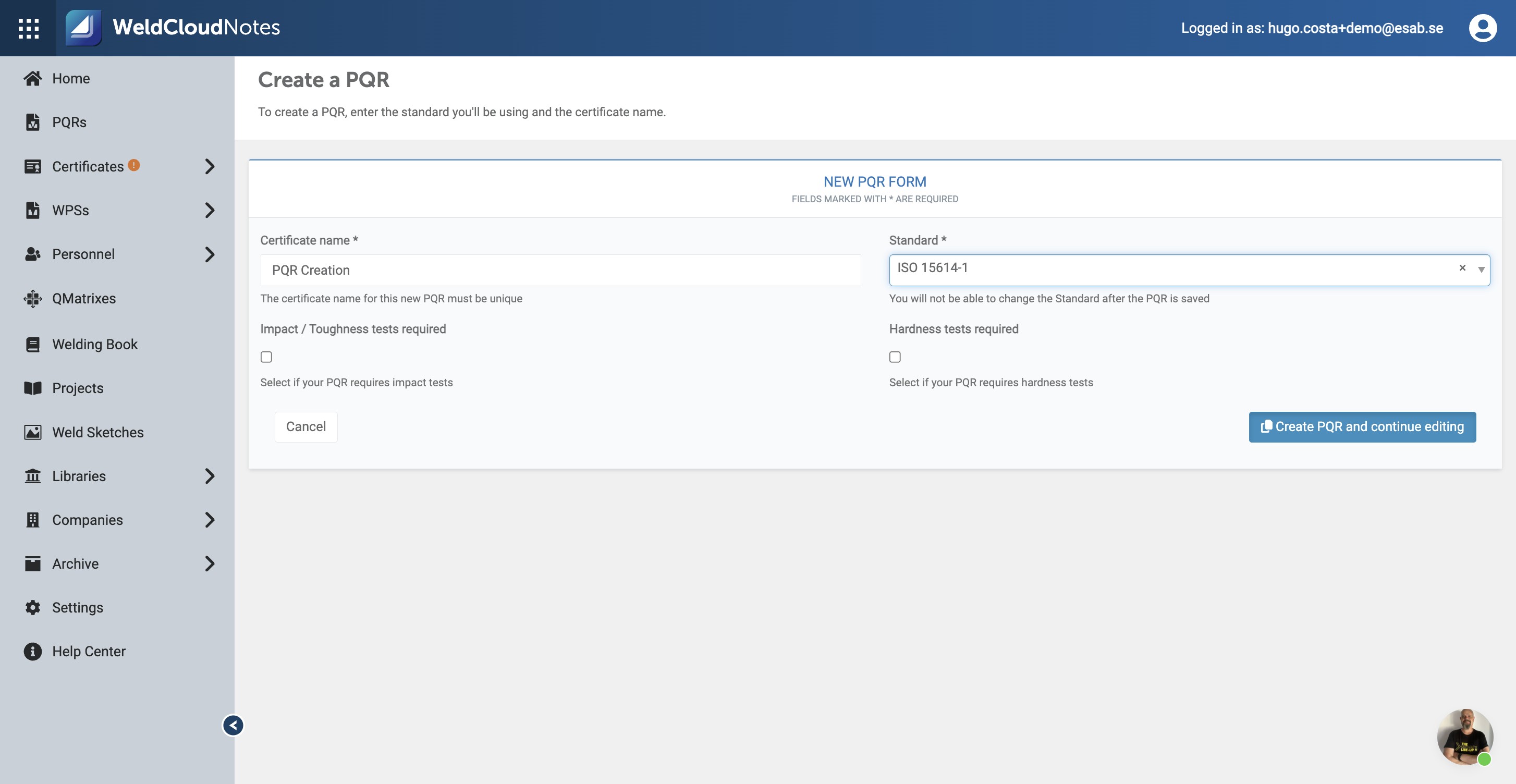 Click "Create PQR and continue editing" to start entering all the details.