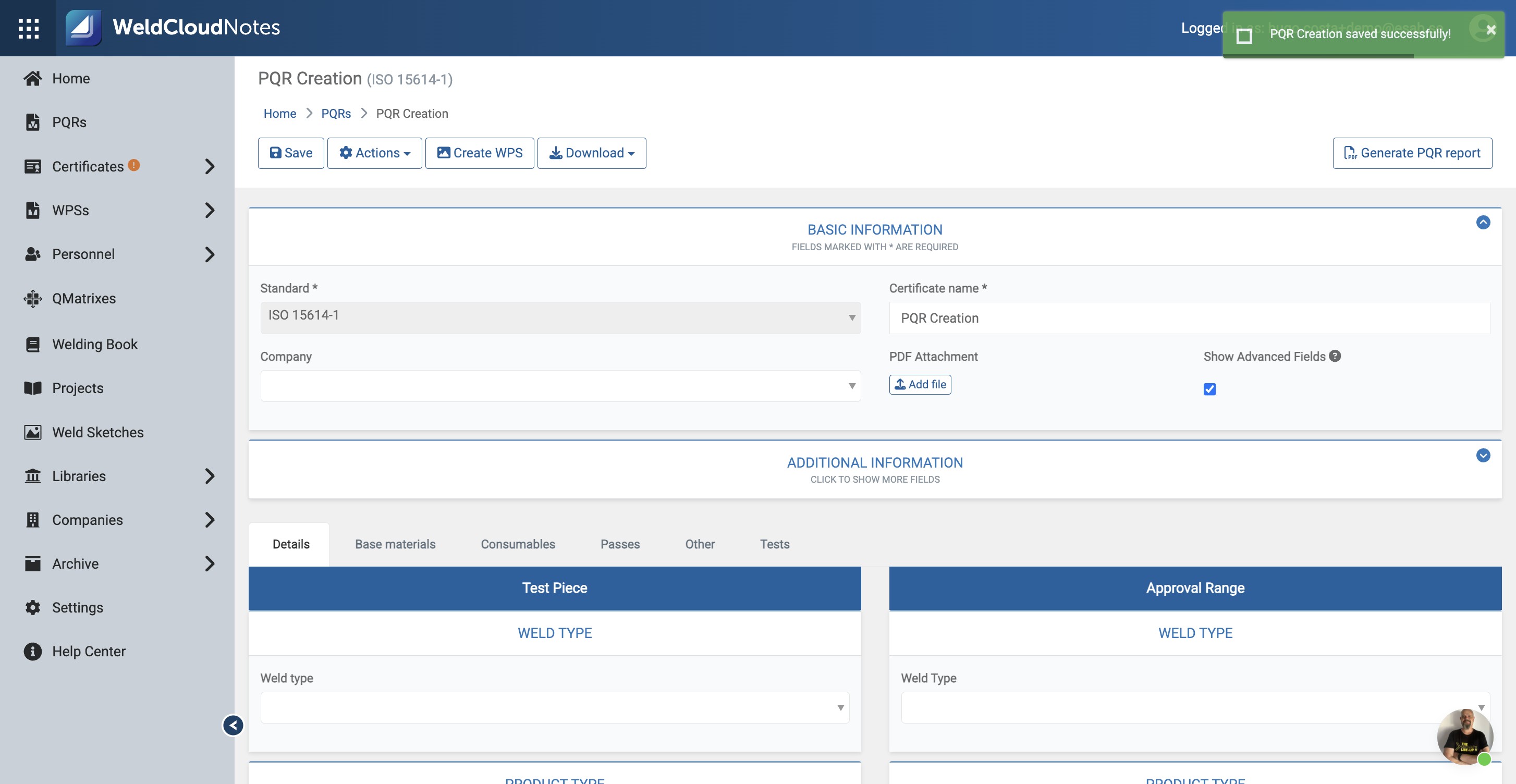 Attach a PDF of your PQR in "Add file".