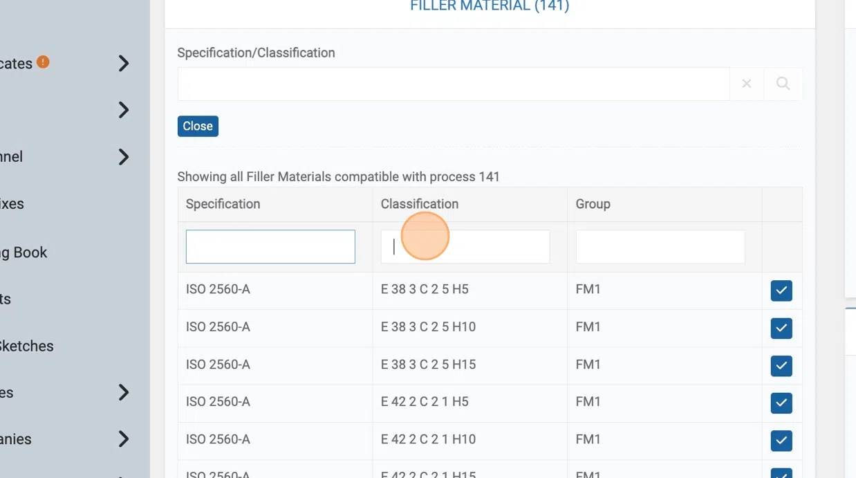 Use the same procedure as before to search for your Filler Metal/Consumable.