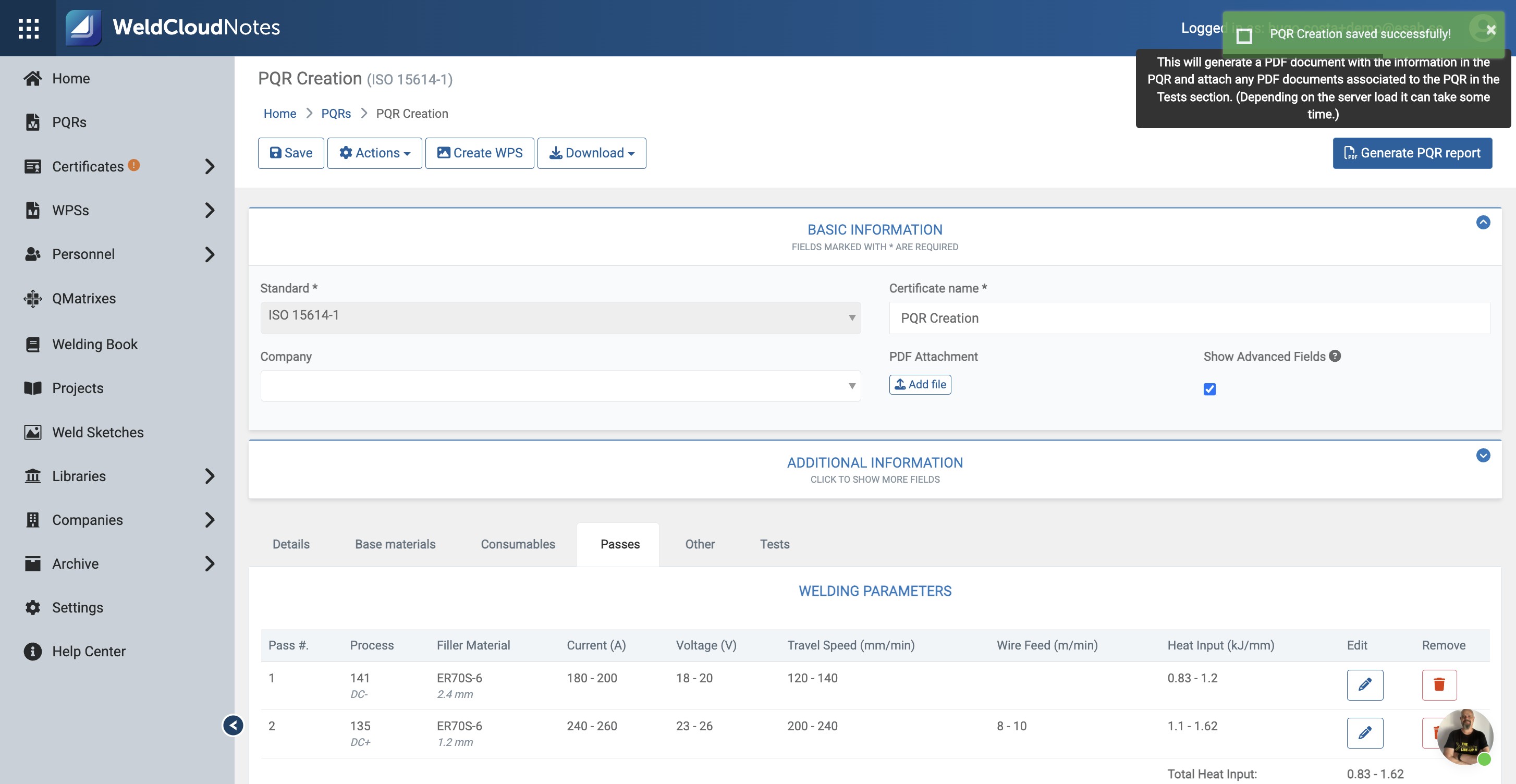 You can also click "Generate PQR report" to create a PDF of your new PQR.