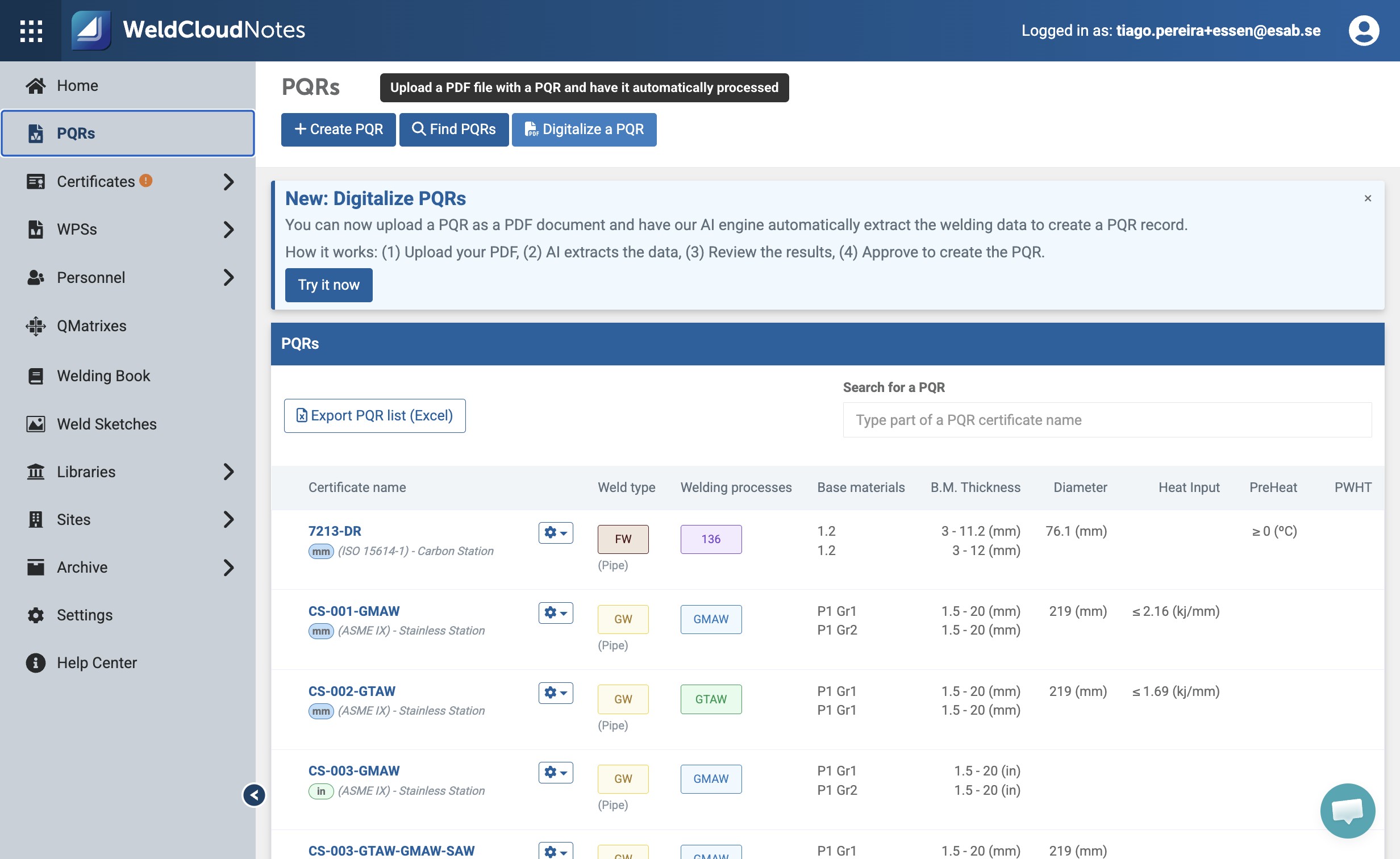 Click "Digitalize a PQR"