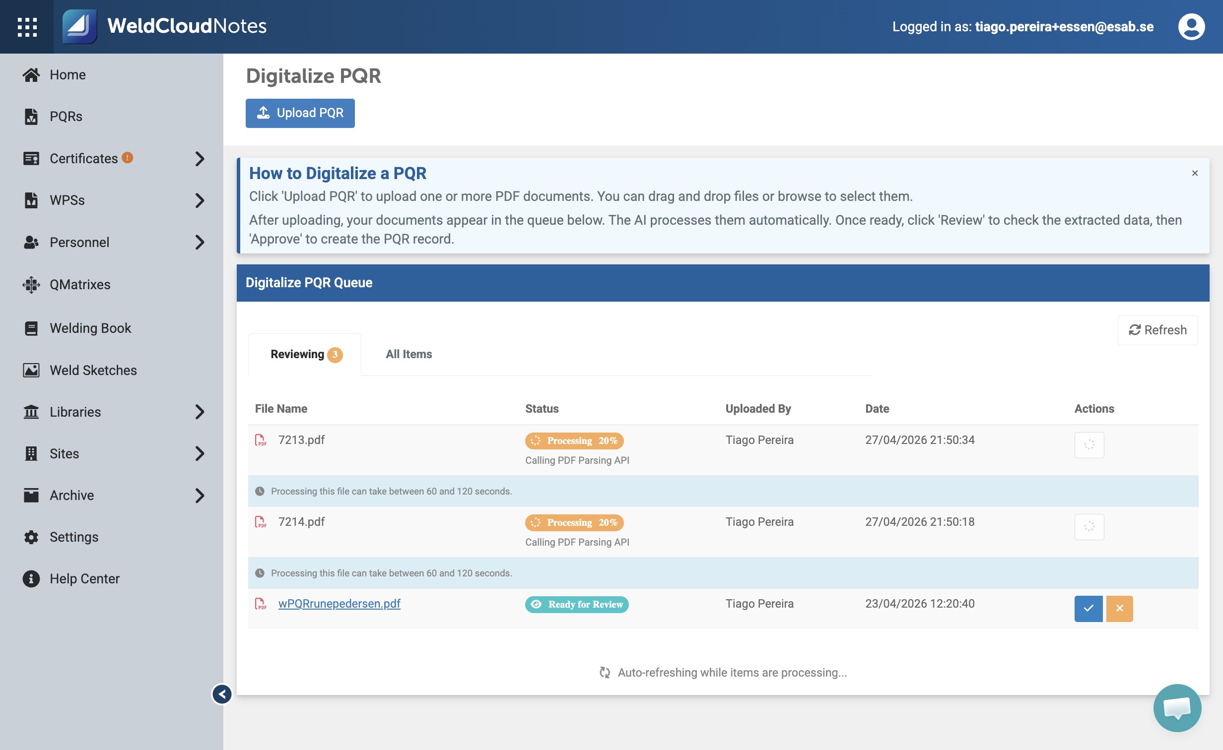 Click "Upload PQR".