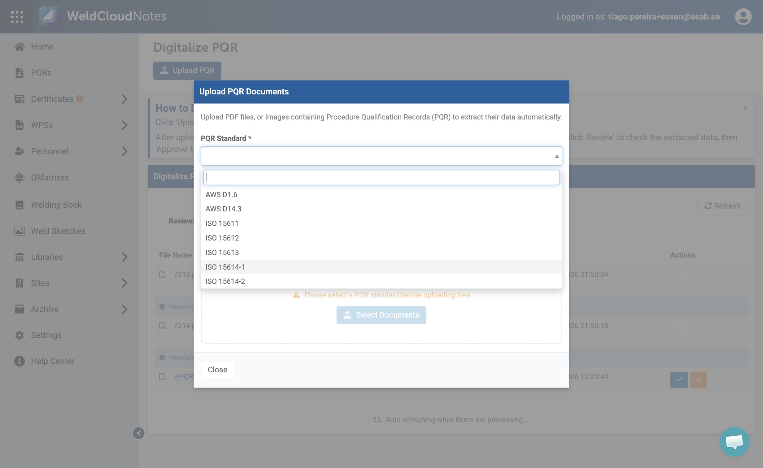 Select the standard for the PQR(s) you want to upload