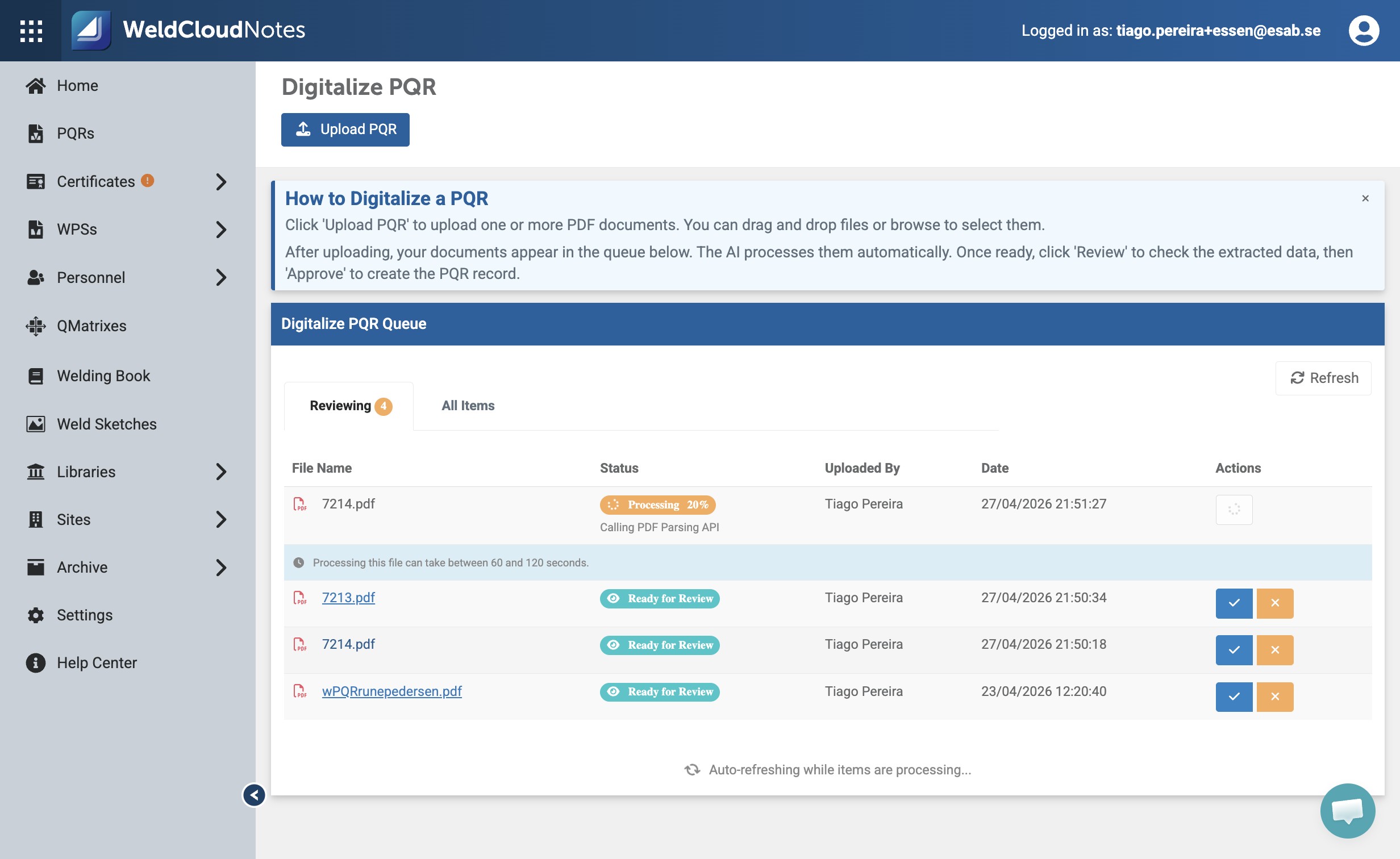 Click the PQR's file name to enter the review process