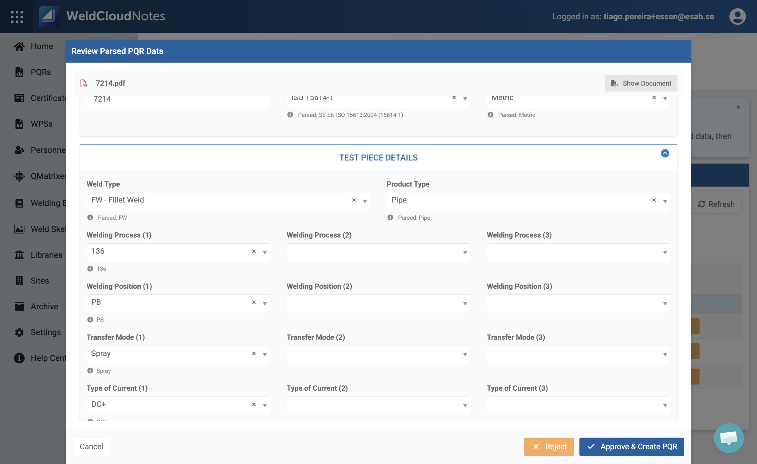 Click "Show Document" to get a side-by-side comparison of the parsed fields and
