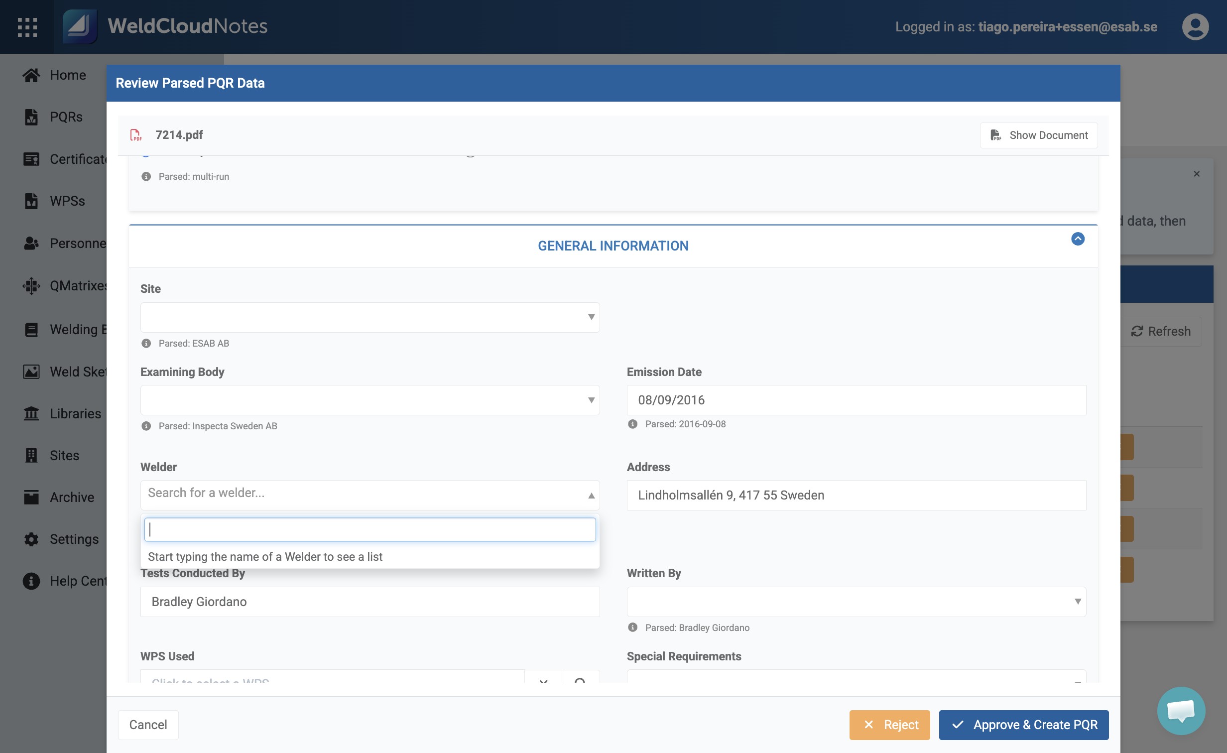 Click "Welder" search field. The welders may also require inline creation if the