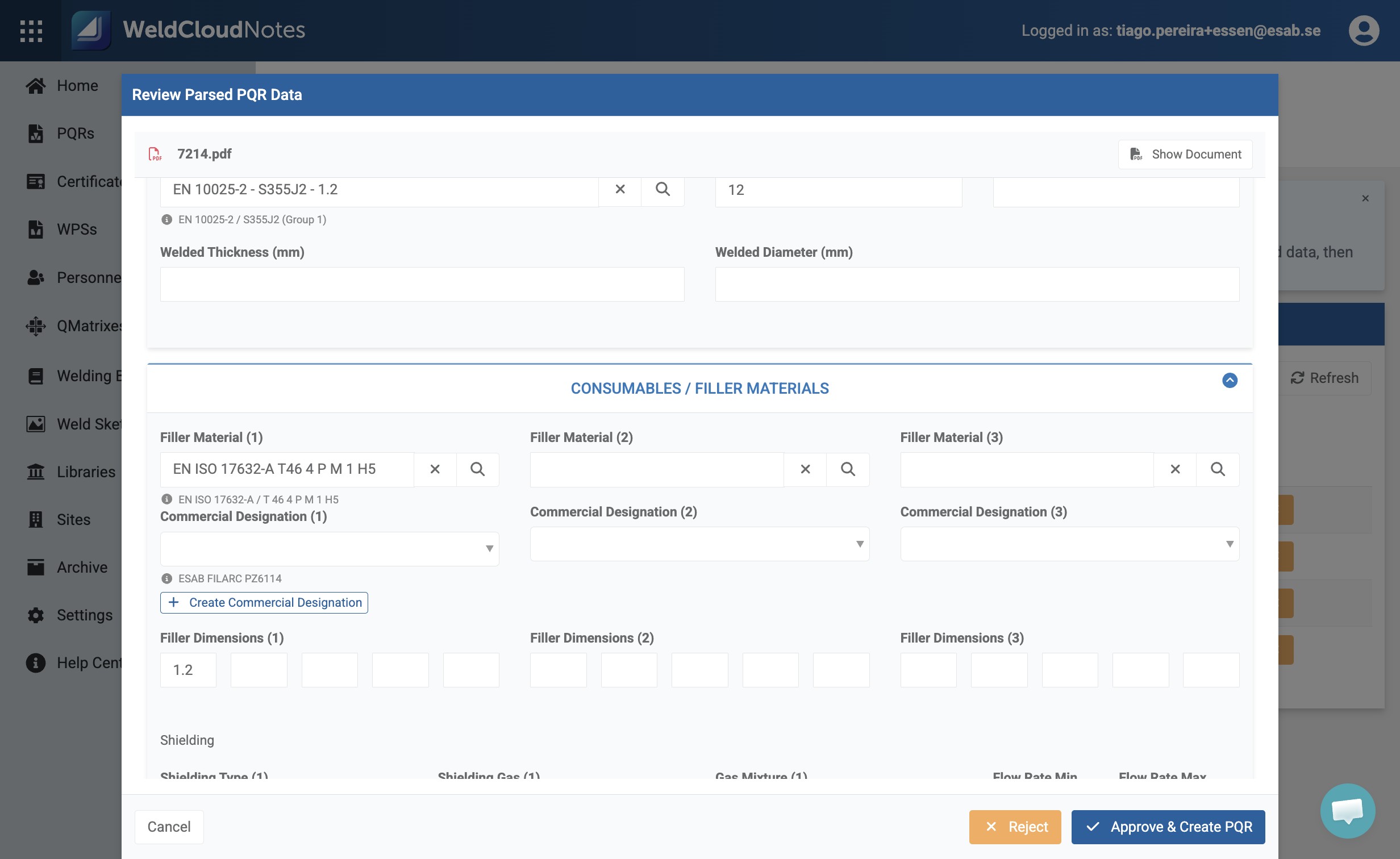 Navigate to the "Consumables / Filler Materials" section.